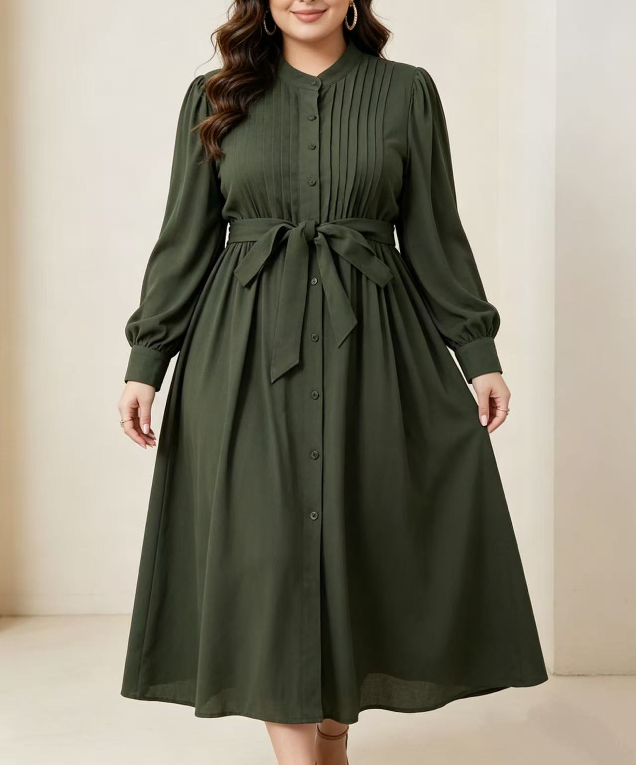 Corset Waist Cinch - 플러스 사이즈 여성용 아미 그린 플리츠