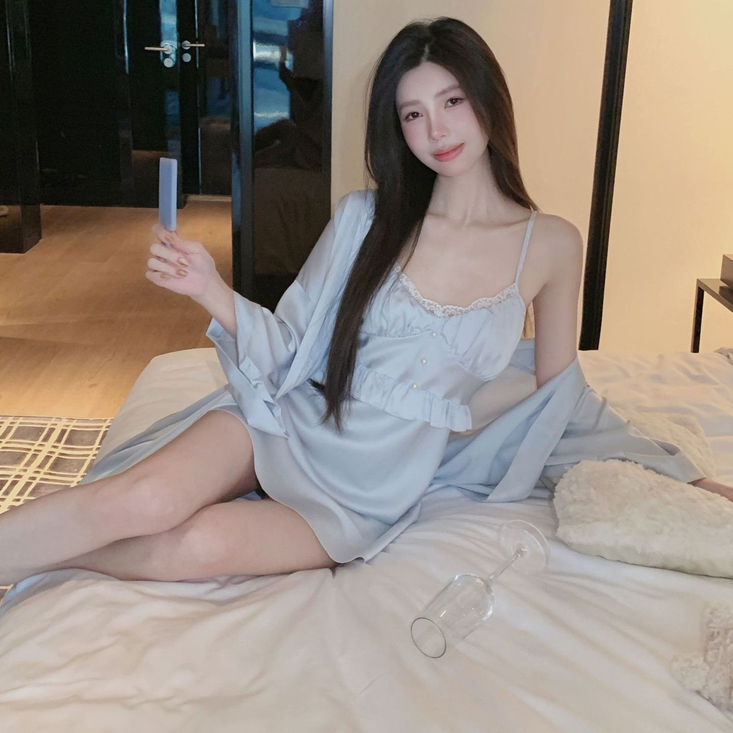 여성용 러플 아플리케 트윈세트 로브 세트, 우아한 아이 - Robe Silk Women 리뷰 및 가격