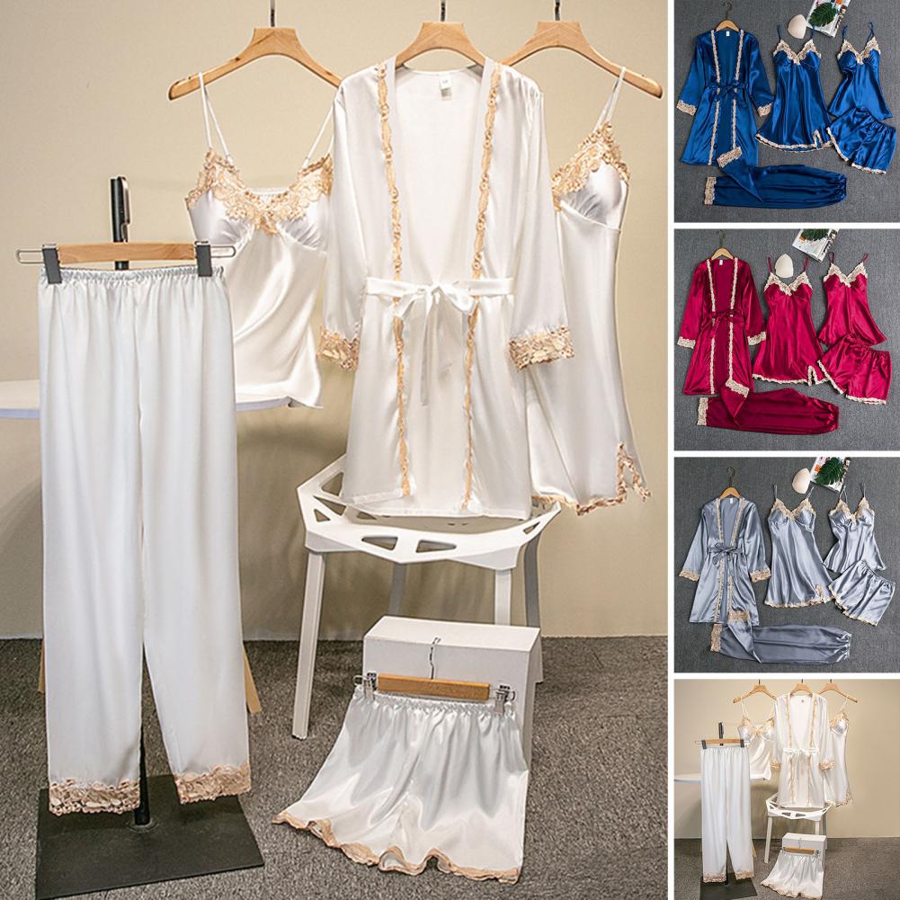 여성용 우아한 실크 새틴 레이스 파자마 세트, 레이스업 - Robe Silk Women 리뷰 및 가격